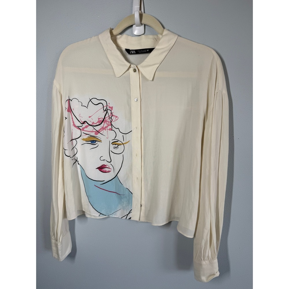 Zara Button Down Cropped Shirt Size L Cream Graphic Face Art Pop Eclectic Street